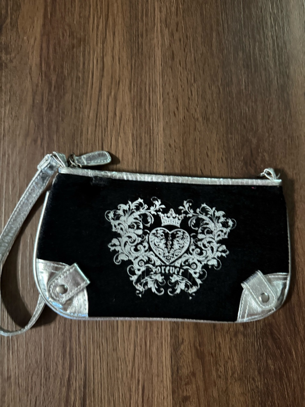 Black Velvet Wristlet with Silver Metallic Trim